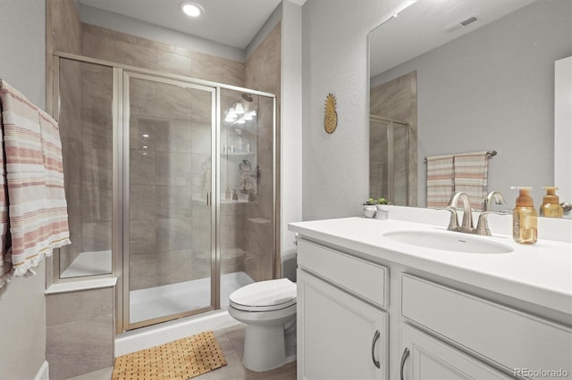 7268 Greenwater Cir, Castle Rock, CO 80108 - bathroom featuring tile patterned flooring, toilet, vanity, visible vents, and a shower stall