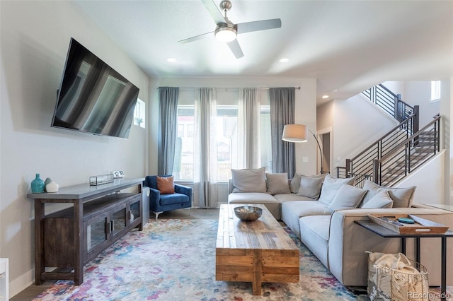 21574 E 59th Dr, Aurora, CO 80019 - living area featuring ceiling fan, stairs, and recessed lighting