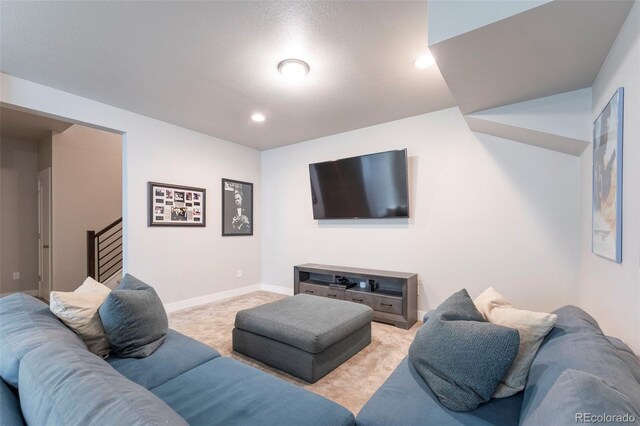 21574 E 59th Dr, Aurora, CO 80019 - living room with carpet, recessed lighting, baseboards, and stairway
