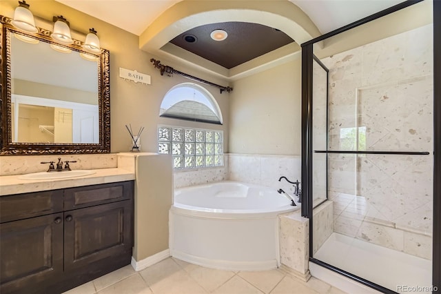 2950 Wyecliff Ln, Highlands Ranch, CO 80126 - full bathroom with a bath, a stall shower, vanity, and tile patterned flooring