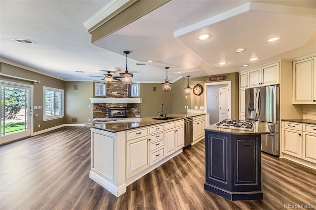 2950 Wyecliff Ln, Highlands Ranch, CO 80126 - kitchen featuring stainless steel appliances, crown molding, a ceiling fan, a sink, and a center island