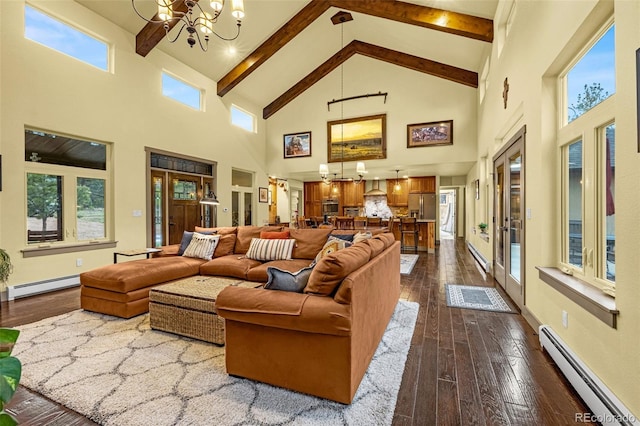 459 County Road 85, Guffey, CO 80820 - living room with a baseboard radiator, a chandelier, high vaulted ceiling, dark wood-style flooring, and beamed ceiling