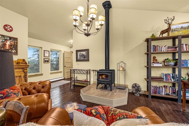 459 County Road 85, Guffey, CO 80820 - living area featuring a wood stove, hardwood / wood-style floors, a chandelier, baseboards, and baseboard heating