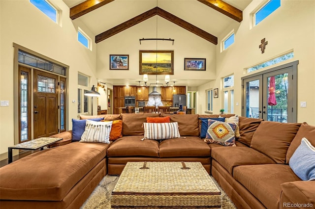 459 County Road 85, Guffey, CO 80820 - living room featuring high vaulted ceiling, beam ceiling, and french doors