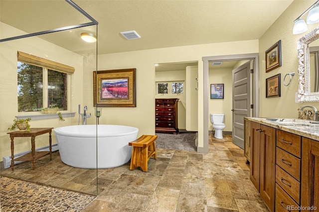459 County Road 85, Guffey, CO 80820 - full bathroom with vanity, a freestanding bath, toilet, and baseboard heating