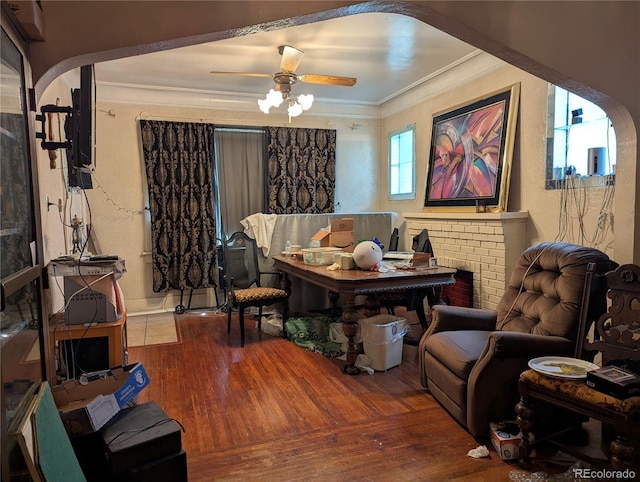 1415 Raleigh St, Denver, CO 80204 - living area with ornamental molding, hardwood / wood-style floors, and a ceiling fan