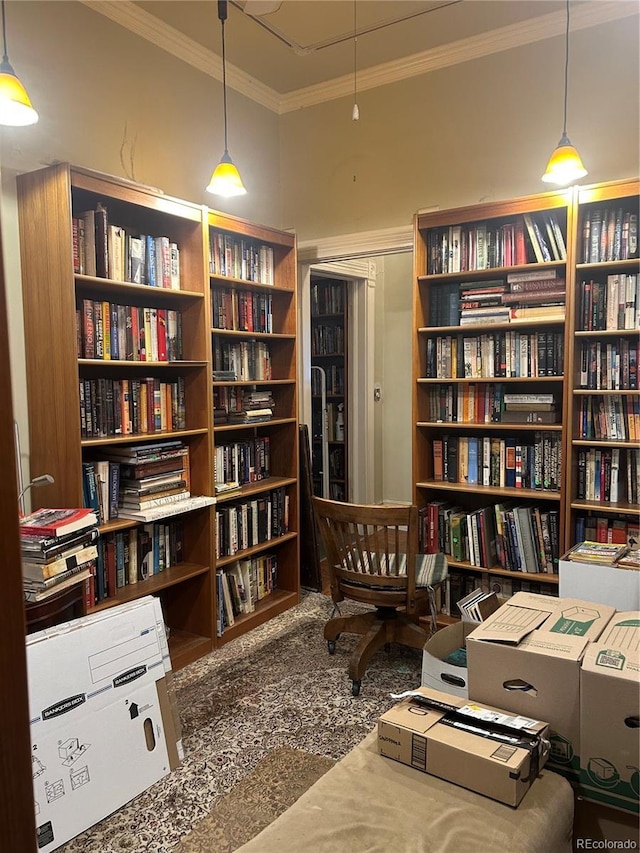 36 N Logan St, Denver, CO 80203 - living area featuring bookshelves and ornamental molding