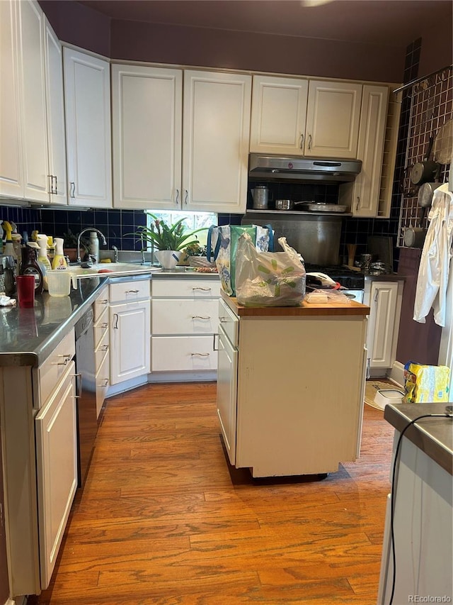 36 N Logan St, Denver, CO 80203 - kitchen with a sink, black dishwasher, under cabinet range hood, backsplash, and white cabinets