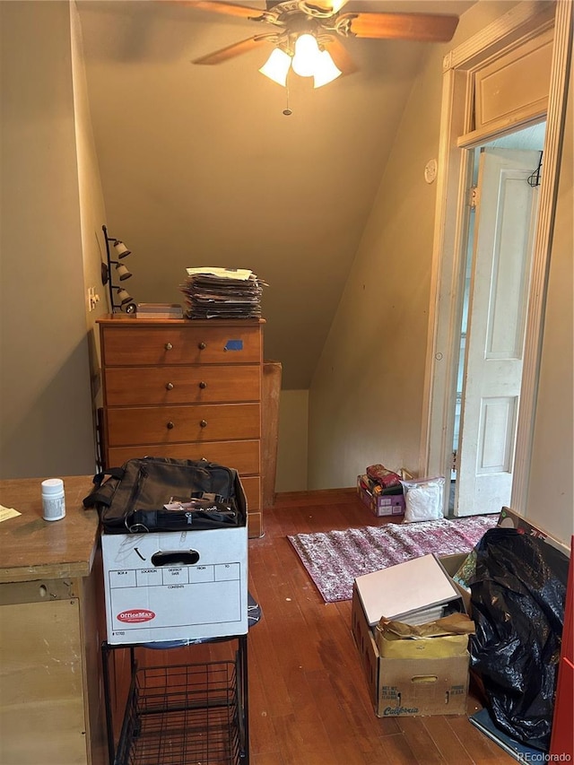 36 N Logan St, Denver, CO 80203 - bedroom featuring vaulted ceiling, hardwood / wood-style floors, and ceiling fan