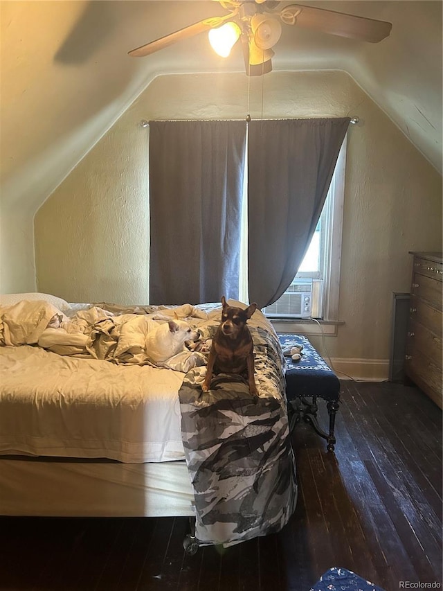 36 N Logan St, Denver, CO 80203 - bedroom with lofted ceiling, wood-type flooring, cooling unit, a textured wall, and a ceiling fan