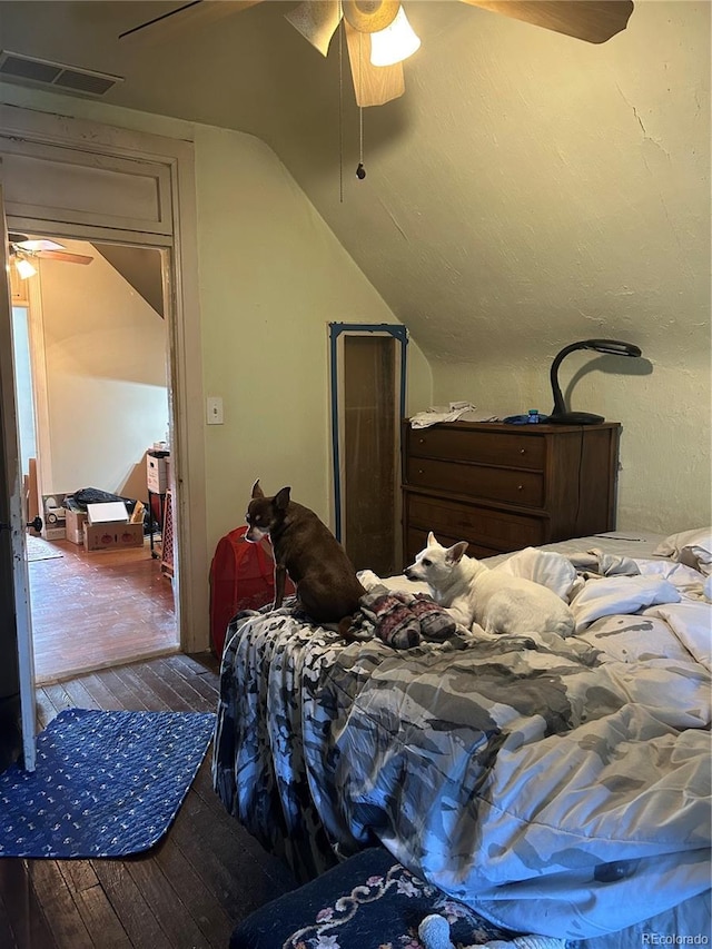 36 N Logan St, Denver, CO 80203 - bedroom with hardwood / wood-style flooring, a ceiling fan, and vaulted ceiling