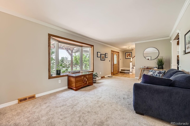 6646 S Fundy Ct, Centennial, CO 80016 - living room with ornamental molding, stairs, light carpet, and baseboards