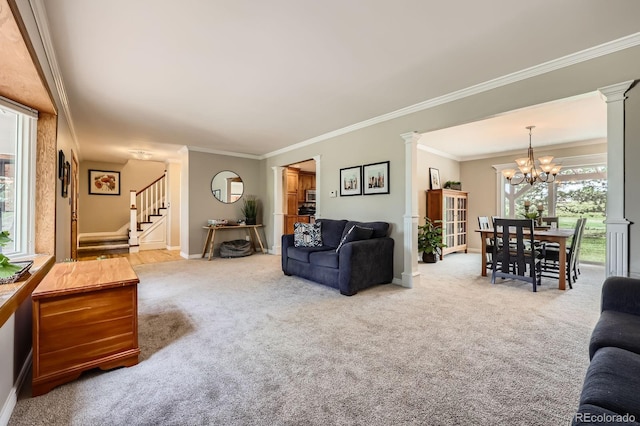 6646 S Fundy Ct, Centennial, CO 80016 - carpeted living room featuring ornate columns, stairway, ornamental molding, baseboards, and a chandelier