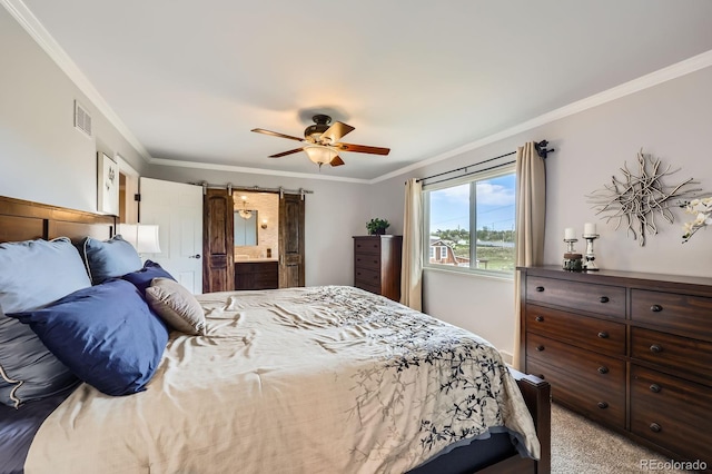 6646 S Fundy Ct, Centennial, CO 80016 - bedroom with crown molding, light carpet, connected bathroom, and ceiling fan