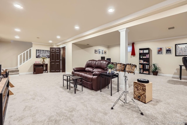 6646 S Fundy Ct, Centennial, CO 80016 - carpeted living room featuring ornamental molding, recessed lighting, stairway, baseboards, and ornate columns