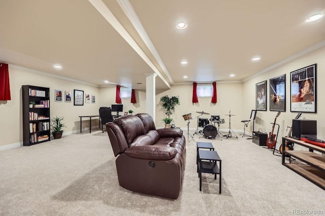 6646 S Fundy Ct, Centennial, CO 80016 - living room featuring ornamental molding, carpet flooring, recessed lighting, baseboards, and an office area