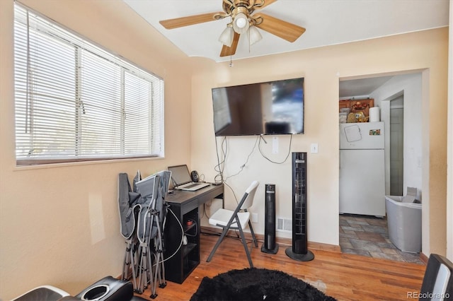 office featuring ceiling fan and hardwood / wood-style flooring