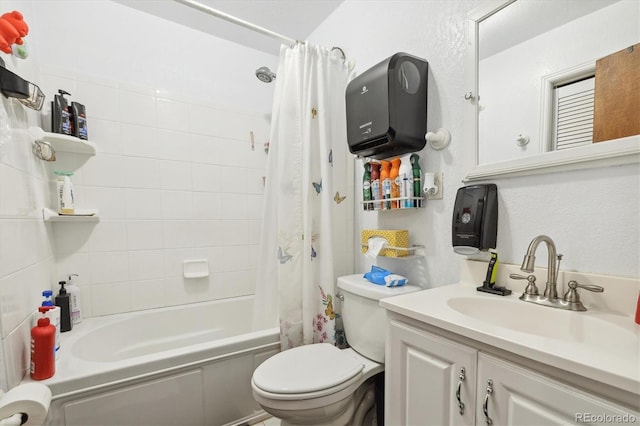 full bathroom with toilet, shower / bath combination with curtain, and vanity