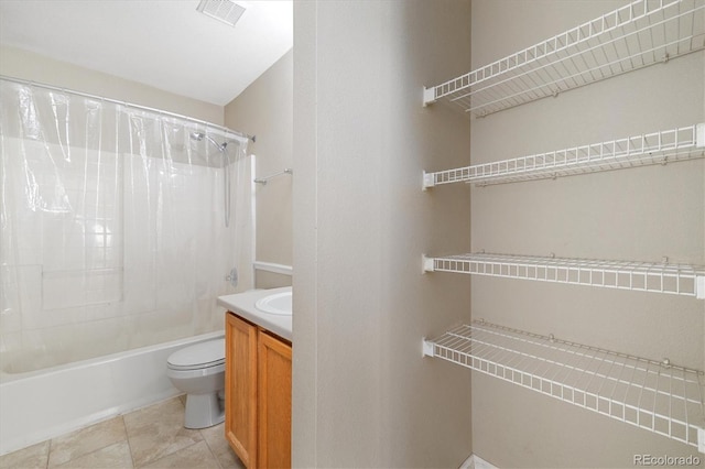 full bathroom featuring vanity, toilet, and shower / bathtub combination with curtain