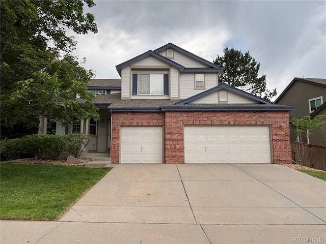 10027 Sylvestor Rd, Highlands Ranch, CO 80129 - view of front facade with brick siding, concrete driveway, and a front yard
