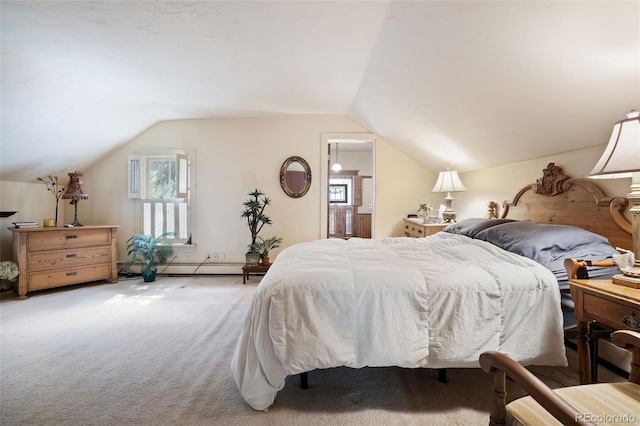 715 Main St, Georgetown, CO 80444 - bedroom featuring vaulted ceiling, carpet floors, and a baseboard radiator