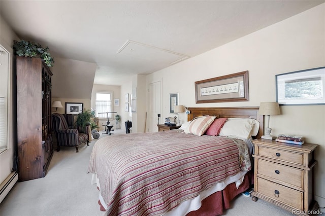 715 Main St, Georgetown, CO 80444 - bedroom featuring attic access, light carpet, and a baseboard heating unit