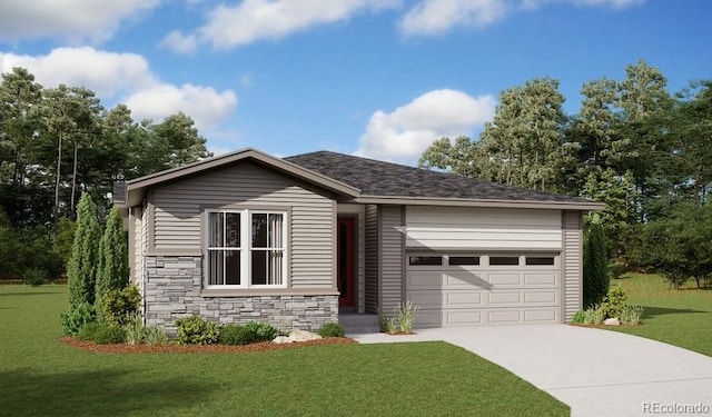 view of front of home with a garage and a front lawn