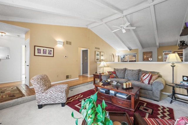 living area featuring lofted ceiling with beams, ceiling fan, carpet flooring, and visible vents