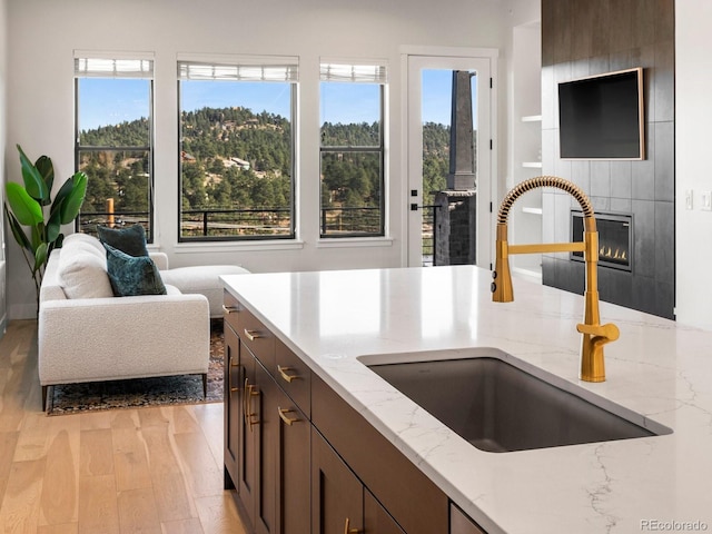 kitchen with a fireplace, dark brown cabinets, light stone countertops, sink, and light hardwood / wood-style flooring