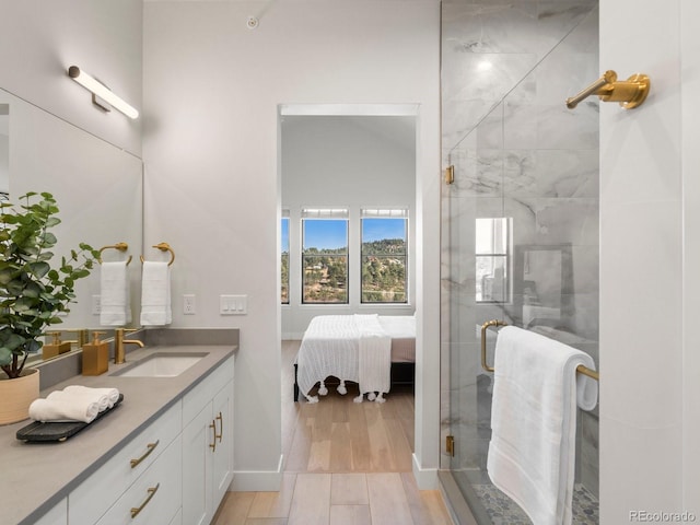 bathroom featuring hardwood / wood-style floors, a shower with shower door, and vanity