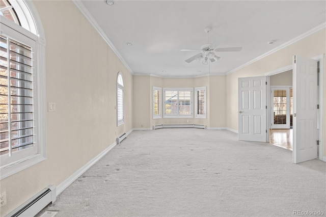 unfurnished living room featuring light carpet and baseboard heating