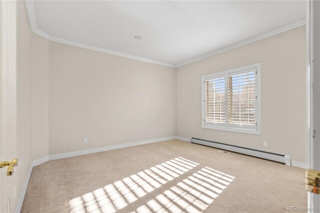 empty room featuring baseboards, baseboard heating, and crown molding