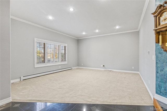 carpeted empty room featuring baseboards, ornamental molding, baseboard heating, and recessed lighting