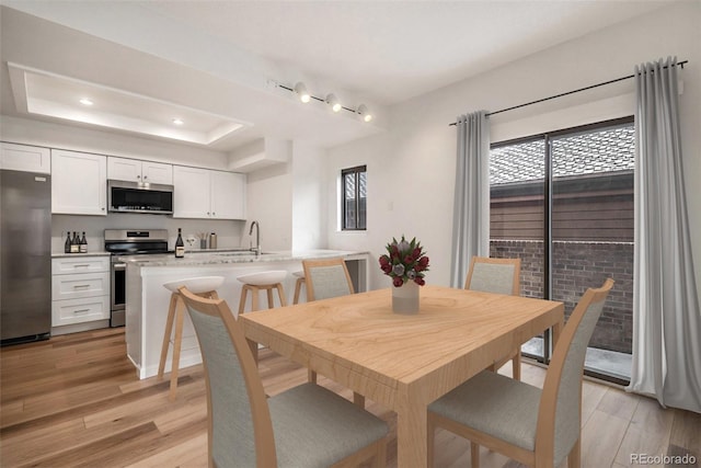 dining space featuring sink, a raised ceiling, and light hardwood / wood-style floors