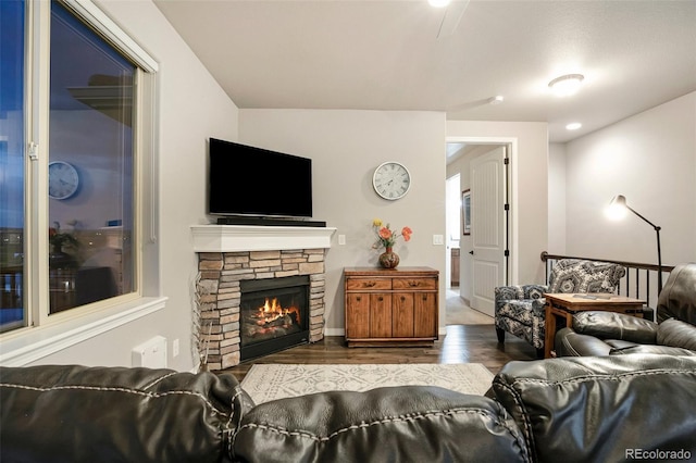 living room featuring dark wood-type flooring and a stone fireplace