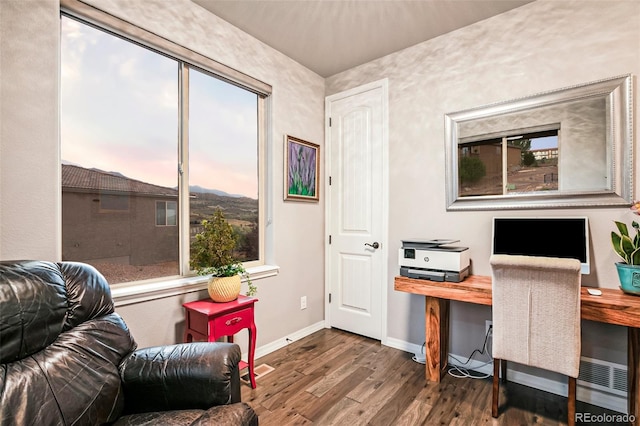 home office with hardwood / wood-style flooring