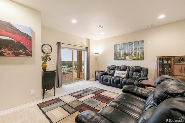 living room with light colored carpet