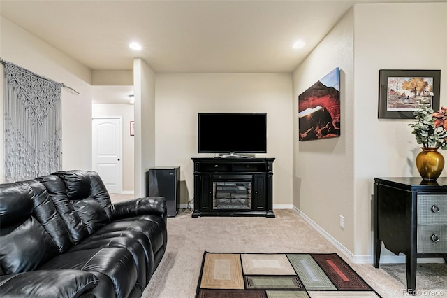 living room featuring light carpet