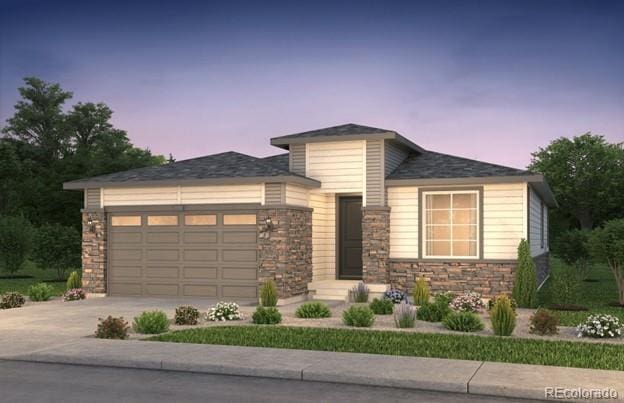 prairie-style house with a garage, stone siding, and concrete driveway