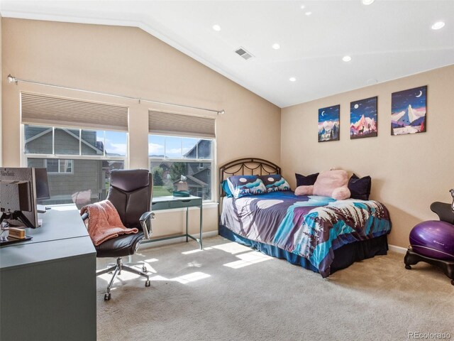 3893 Ute Mountain Trl, Castle Rock, CO 80109 - carpeted bedroom featuring recessed lighting, baseboards, lofted ceiling, and visible vents