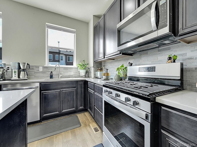 4245 E Iliff Ave Unit 2, Denver, CO 80222 - kitchen with stainless steel appliances, a sink, light wood-style floors, and tasteful backsplash
