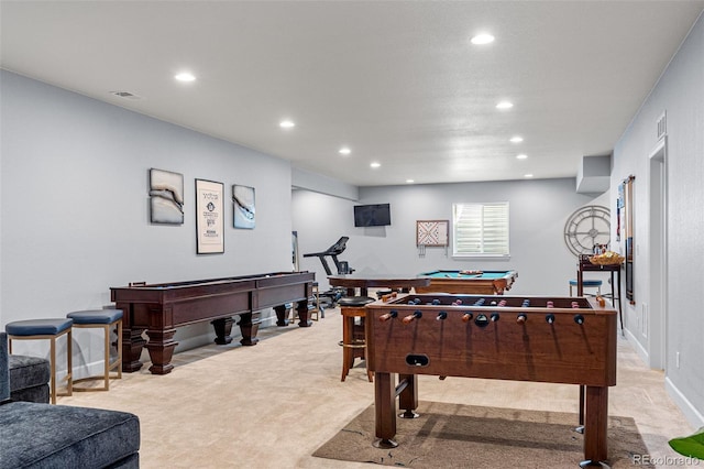 playroom featuring light carpet and pool table