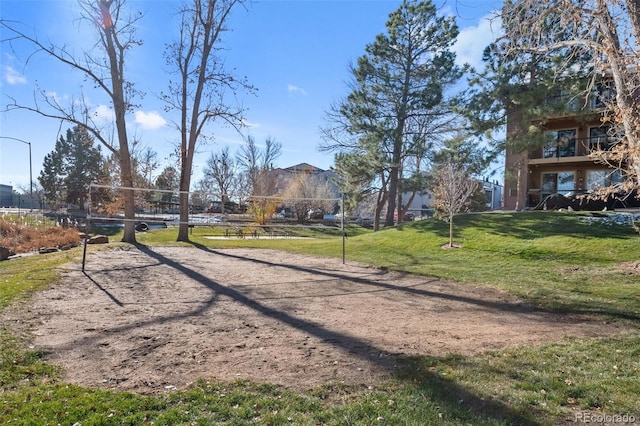 view of property's community with volleyball court and a lawn