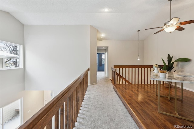 hall with a textured ceiling, light carpet, and vaulted ceiling