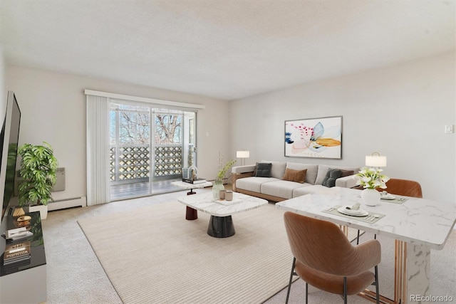 living area with baseboard heating and light carpet