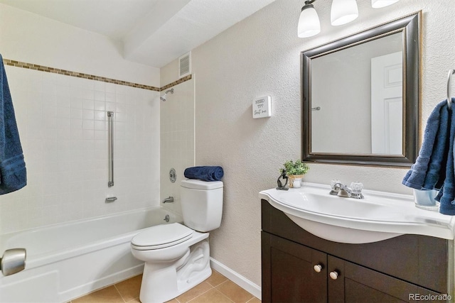 full bathroom featuring vanity, shower / bath combination, toilet, tile patterned flooring, and visible vents
