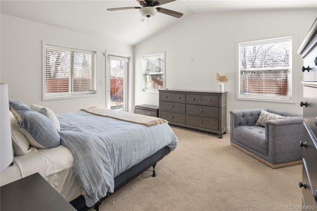 bedroom with access to outside, light carpet, ceiling fan, and lofted ceiling