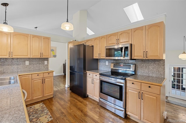 11035 E Berry Ave, Englewood, CO 80111 - kitchen featuring light brown cabinets, a skylight, stainless steel appliances, tile countertops, and dark wood finished floors