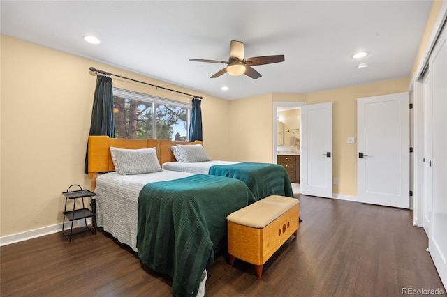 11035 E Berry Ave, Englewood, CO 80111 - bedroom with dark wood-style flooring, recessed lighting, connected bathroom, and ceiling fan