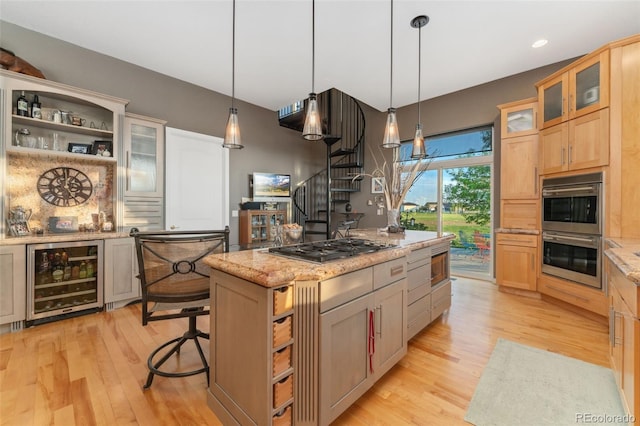 881 Kirby Ct, Watkins, CO 80137 - kitchen featuring beverage cooler, light wood-style floors, stainless steel appliances, a kitchen island, and open shelves